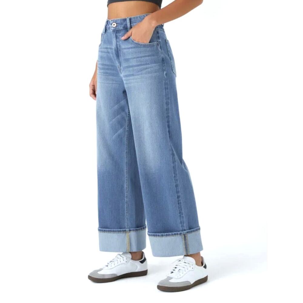 Halara Flex High Waisted Rolled Hem Wide Leg Cuffs Cedar Blue Jeans Sz Small